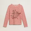 Damen-T-Shirt mit weißen und roten Streifen und Stickerei auf der Vorderseite Damen-T-Shirt mit weißen und roten Streifen und Stickerei auf der Vorderseite