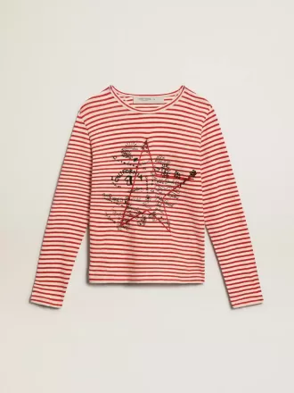 Damen-T-Shirt mit weißen und roten Streifen und Stickerei auf der Vorderseite