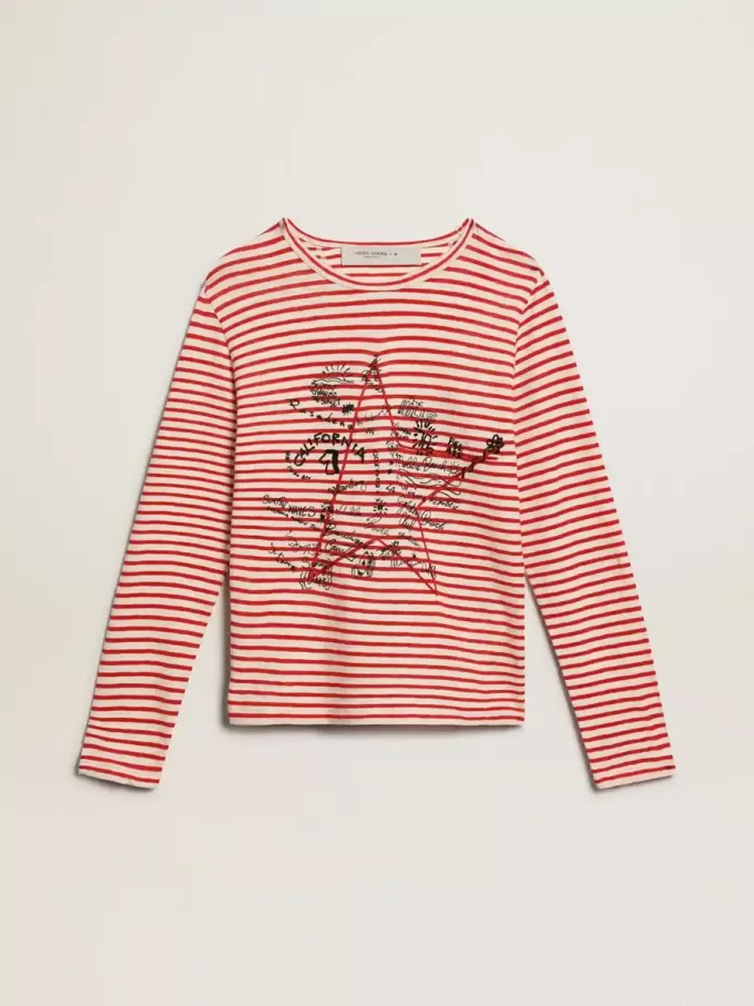Damen-T-Shirt mit weißen und roten Streifen und Stickerei auf der Vorderseite Damen-T-Shirt mit weißen und roten Streifen und Stickerei auf der Vorderseite