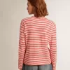 Damen-T-Shirt mit weißen und roten Streifen und Stickerei auf der Vorderseite Damen-T-Shirt mit weißen und roten Streifen und Stickerei auf der Vorderseite