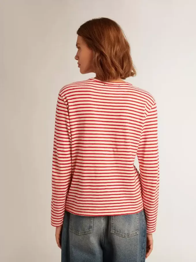 Damen-T-Shirt mit weißen und roten Streifen und Stickerei auf der Vorderseite Damen-T-Shirt mit weißen und roten Streifen und Stickerei auf der Vorderseite