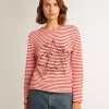 Damen-T-Shirt mit weißen und roten Streifen und Stickerei auf der Vorderseite Damen-T-Shirt mit weißen und roten Streifen und Stickerei auf der Vorderseite