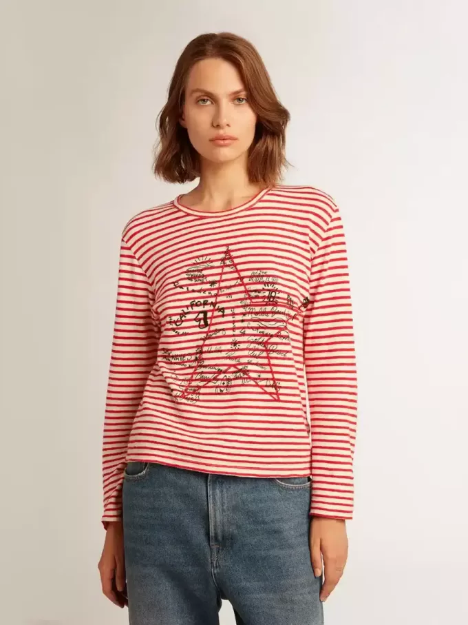 Damen-T-Shirt mit weißen und roten Streifen und Stickerei auf der Vorderseite Damen-T-Shirt mit weißen und roten Streifen und Stickerei auf der Vorderseite
