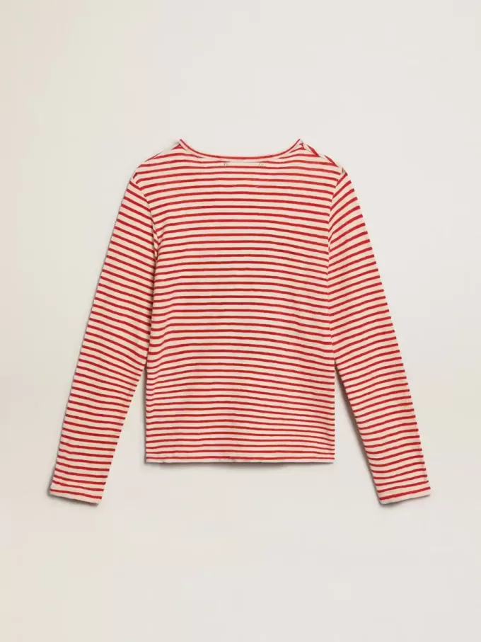 Damen-T-Shirt mit weißen und roten Streifen und Stickerei auf der Vorderseite Damen-T-Shirt mit weißen und roten Streifen und Stickerei auf der Vorderseite