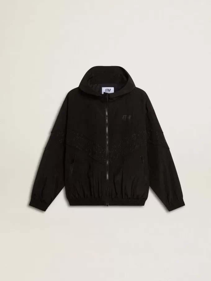 Damen-Windjacke aus schwarzem Nylon mit Ton-in-Ton-Kristallen Damen-Windjacke aus schwarzem Nylon mit Ton-in-Ton-Kristallen