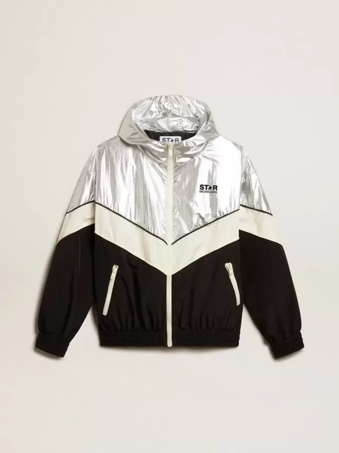 Damen-Windjacke aus silbernem und schwarzem Funktionsstoff Damen-Windjacke aus silbernem und schwarzem Funktionsstoff