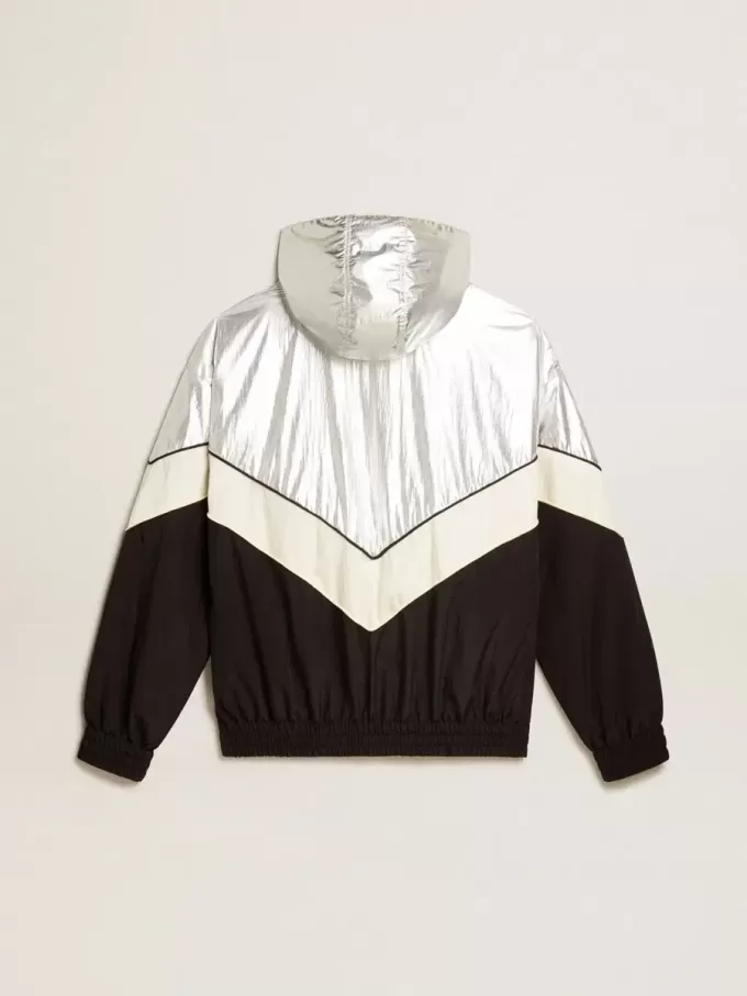 Damen-Windjacke aus silbernem und schwarzem Funktionsstoff Damen-Windjacke aus silbernem und schwarzem Funktionsstoff