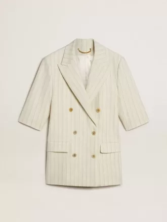 Damenblazer aus weiß-grauer Wollmischung mit Nadelstreifen und kurzen Ärmeln