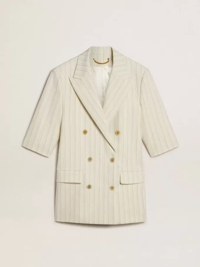 Damenblazer aus weiß-grauer Wollmischung mit Nadelstreifen und kurzen Ärmeln Damenblazer aus weiß-grauer Wollmischung mit Nadelstreifen und kurzen Ärmeln