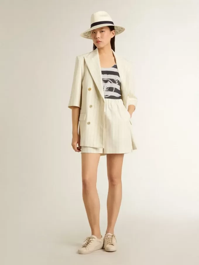 Damenblazer aus weiß-grauer Wollmischung mit Nadelstreifen und kurzen Ärmeln Damenblazer aus weiß-grauer Wollmischung mit Nadelstreifen und kurzen Ärmeln