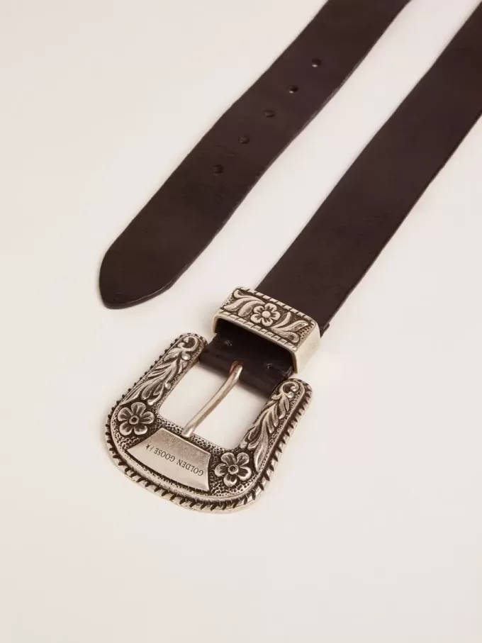 Damengürtel aus schwarzem Leder mit silberverzierter Schnalle Damengürtel aus schwarzem Leder mit silberverzierter Schnalle