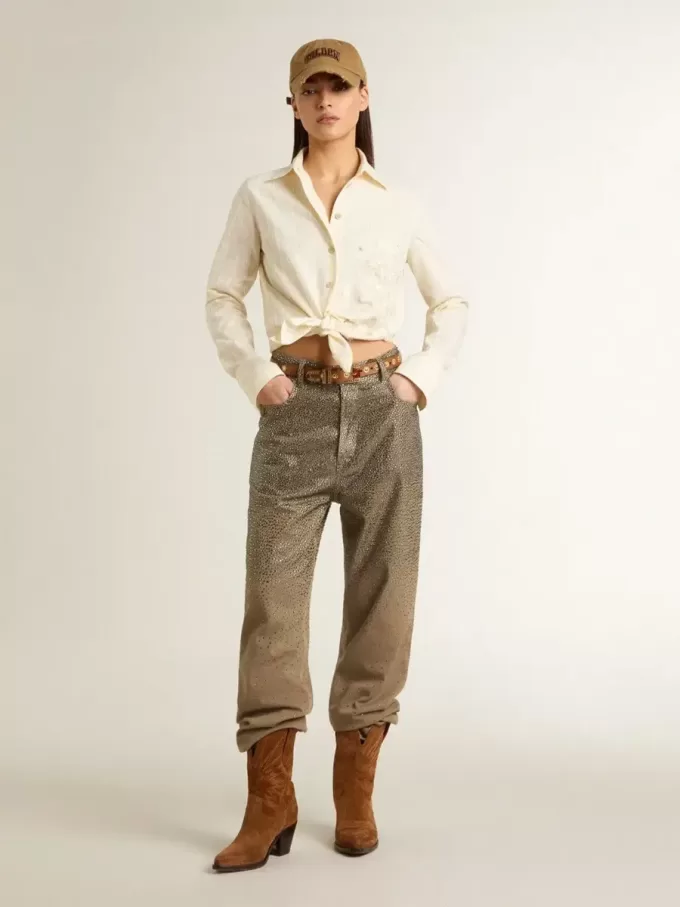 Damenhose aus khakifarbener Baumwolle mit Farbverlauf und Swarovski-Effekt