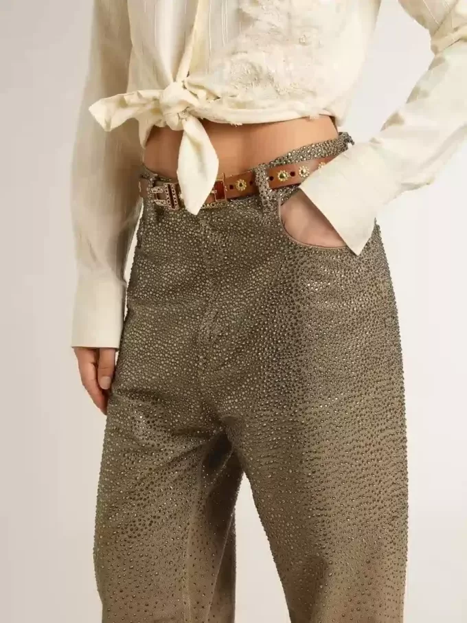 Damenhose aus khakifarbener Baumwolle mit Farbverlauf und Swarovski-Effekt