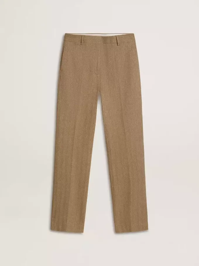 Damenhose aus sandfarbenem Leinenmix mit Fischgrätenmuster