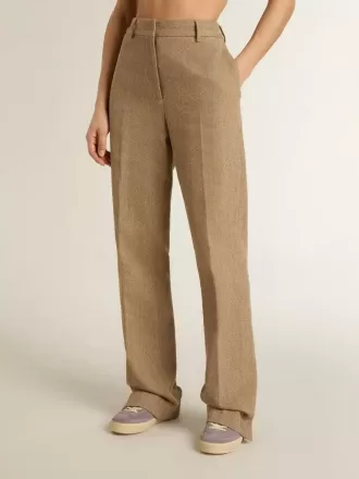 Damenhose aus sandfarbenem Leinenmix mit Fischgrätenmuster