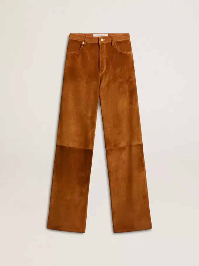 Damenhose aus tabakfarbenem Spaltleder
