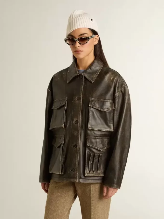 Damenjacke aus gealtertem braunem Nappaleder Damenjacke aus gealtertem braunem Nappaleder