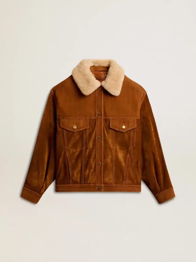 Damenjacke aus tabakfarbenem Spaltleder mit Lammfellkragen