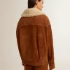 Damenjacke aus tabakfarbenem Spaltleder mit Lammfellkragen