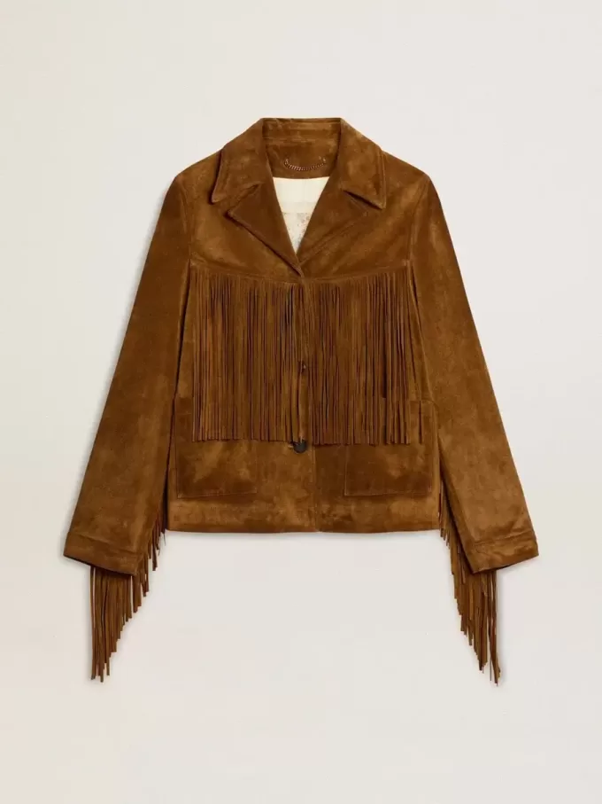 Damenjacke aus tabakfarbenem Wildleder mit Fransen Damenjacke aus tabakfarbenem Wildleder mit Fransen