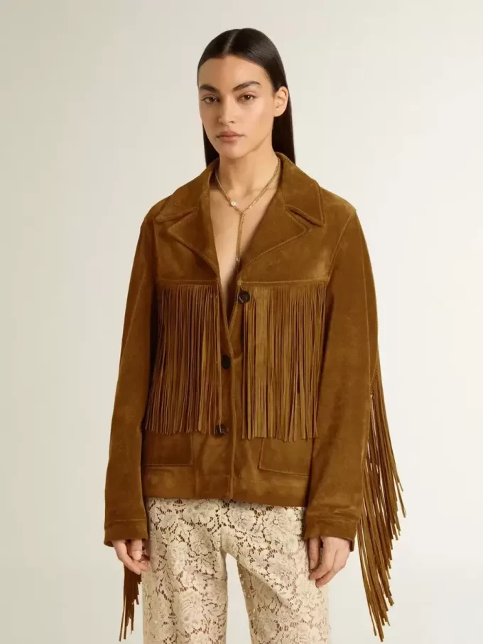 Damenjacke aus tabakfarbenem Wildleder mit Fransen Damenjacke aus tabakfarbenem Wildleder mit Fransen
