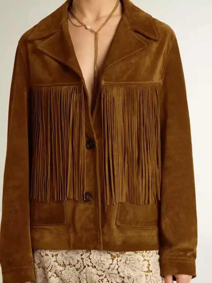 Damenjacke aus tabakfarbenem Wildleder mit Fransen Damenjacke aus tabakfarbenem Wildleder mit Fransen