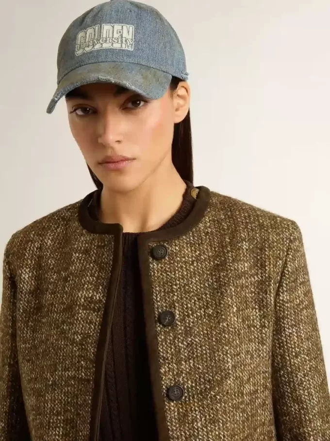 Damenjacke „Journey” aus Wolltweed mit Details aus kaffeefarbenem Wildleder Damenjacke „Journey” aus Wolltweed mit Details aus kaffeefarbenem Wildleder