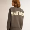 Damenpullover mit Rundhalsausschnitt aus dunkelgrauer Baumwolle mit Logo auf der Rückseite