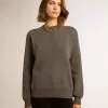 Damenpullover mit Rundhalsausschnitt aus dunkelgrauer Baumwolle mit Logo auf der Rückseite