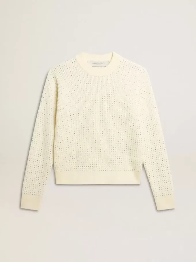 Damenpullover mit Rundhalsausschnitt aus weißer Merinowolle mit Kristallen Damenpullover mit Rundhalsausschnitt aus weißer Merinowolle mit Kristallen