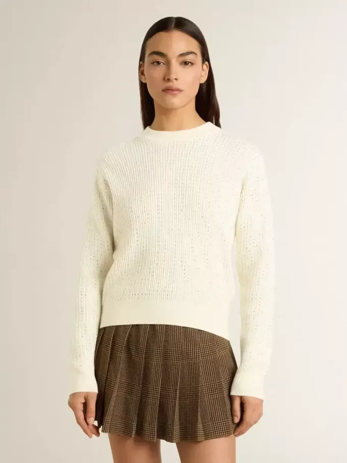 Damenpullover mit Rundhalsausschnitt aus weißer Merinowolle mit Kristallen Damenpullover mit Rundhalsausschnitt aus weißer Merinowolle mit Kristallen
