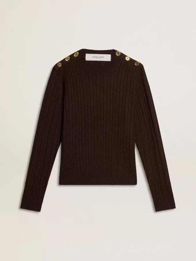 Damenpullover mit Rundhalsausschnitt aus Wollmischung mit goldenen Knöpfen Damenpullover mit Rundhalsausschnitt aus Wollmischung mit goldenen Knöpfen