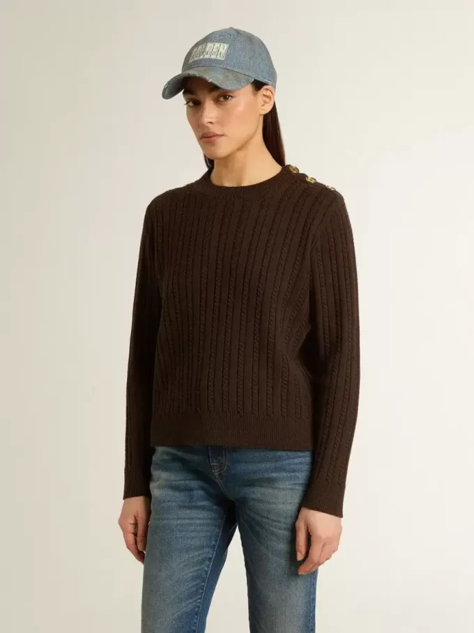 Damenpullover mit Rundhalsausschnitt aus Wollmischung mit goldenen Knöpfen Damenpullover mit Rundhalsausschnitt aus Wollmischung mit goldenen Knöpfen