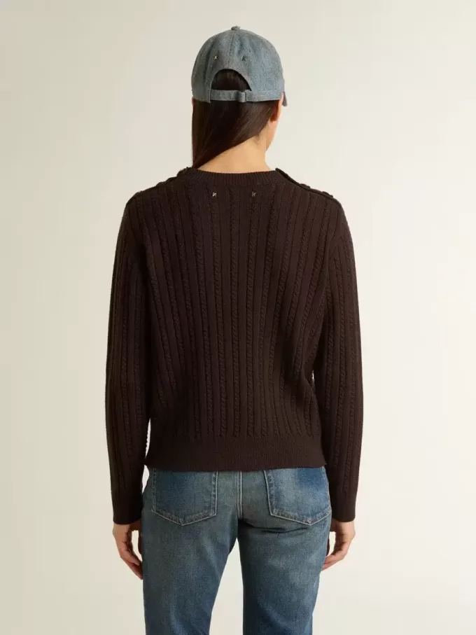 Damenpullover mit Rundhalsausschnitt aus Wollmischung mit goldenen Knöpfen Damenpullover mit Rundhalsausschnitt aus Wollmischung mit goldenen Knöpfen