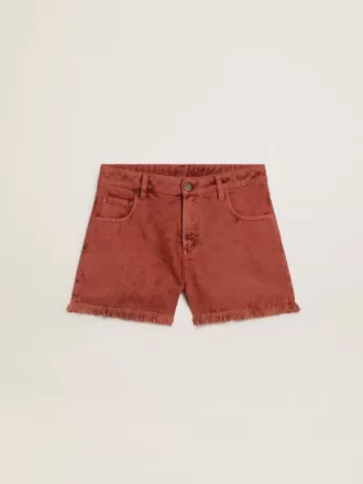 Damenshorts aus ziegelrotem Denim mit goldener Mediterraneo-Stickerei