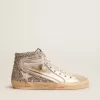 Damenslipper mit laminiertem Obermaterial aus Leder und silbernem Glitzer