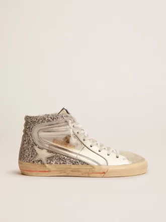 Damenslipper mit laminiertem Obermaterial aus Leder und silbernem Glitzer
