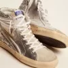 Damenslipper mit laminiertem Obermaterial aus Leder und silbernem Glitzer