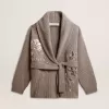 Damenstrickjacke aus grau melierter Wolle mit Stickerei auf der Vorderseite