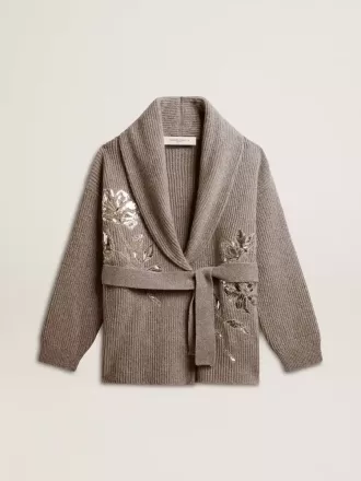 Damenstrickjacke aus grau melierter Wolle mit Stickerei auf der Vorderseite