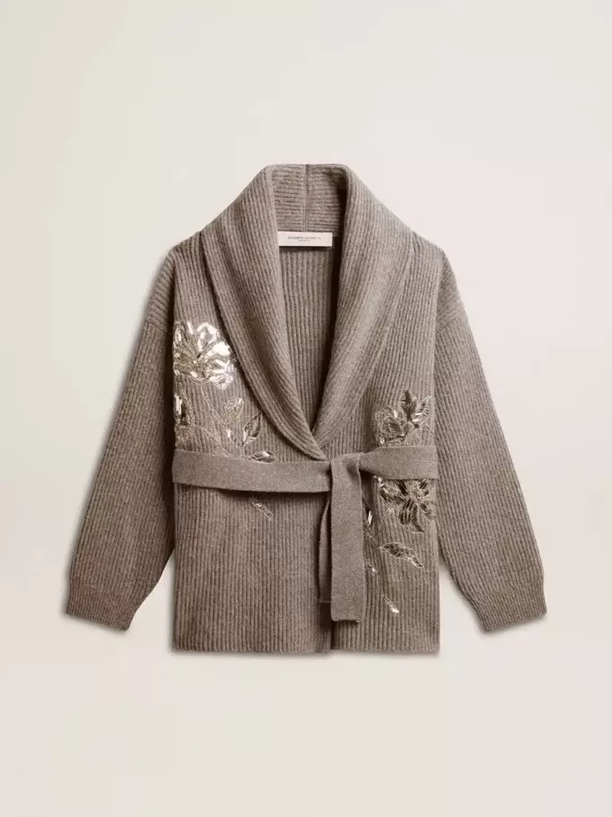 Damenstrickjacke aus grau melierter Wolle mit Stickerei auf der Vorderseite