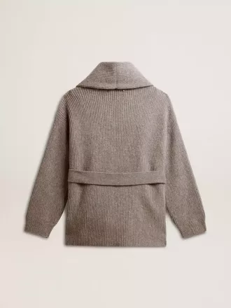 Damenstrickjacke aus grau melierter Wolle mit Stickerei auf der Vorderseite