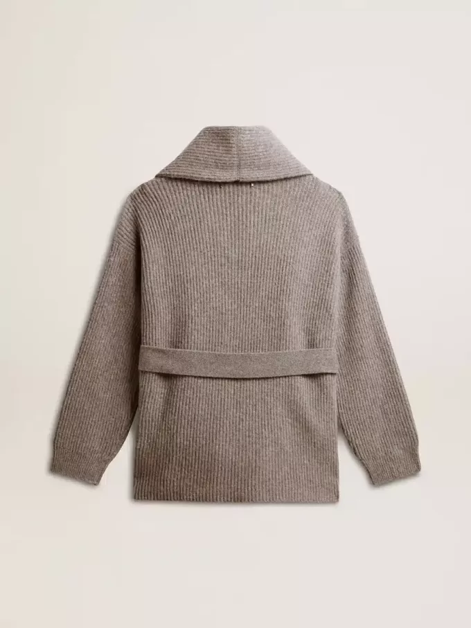 Damenstrickjacke aus grau melierter Wolle mit Stickerei auf der Vorderseite