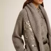 Damenstrickjacke aus grau melierter Wolle mit Stickerei auf der Vorderseite