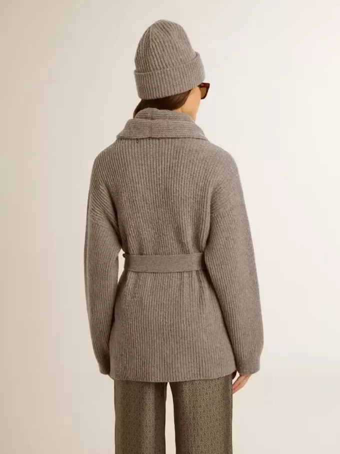 Damenstrickjacke aus grau melierter Wolle mit Stickerei auf der Vorderseite
