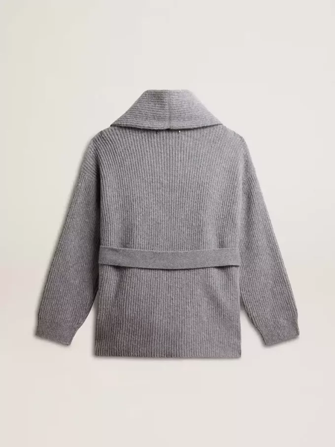 Damenstrickjacke aus grau melierter Wolle mit Stickerei auf der Vorderseite