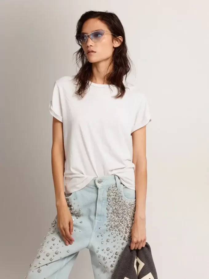 Distressed Regular-Fit-Damen-T-Shirt in Weiß Distressed Regular-Fit-Damen-T-Shirt in Weiß