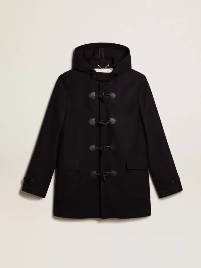 Dunkelblauer Dufflecoat aus Wolle mit Kapuze und Knebelverschluss Dunkelblauer Dufflecoat aus Wolle mit Kapuze und Knebelverschluss