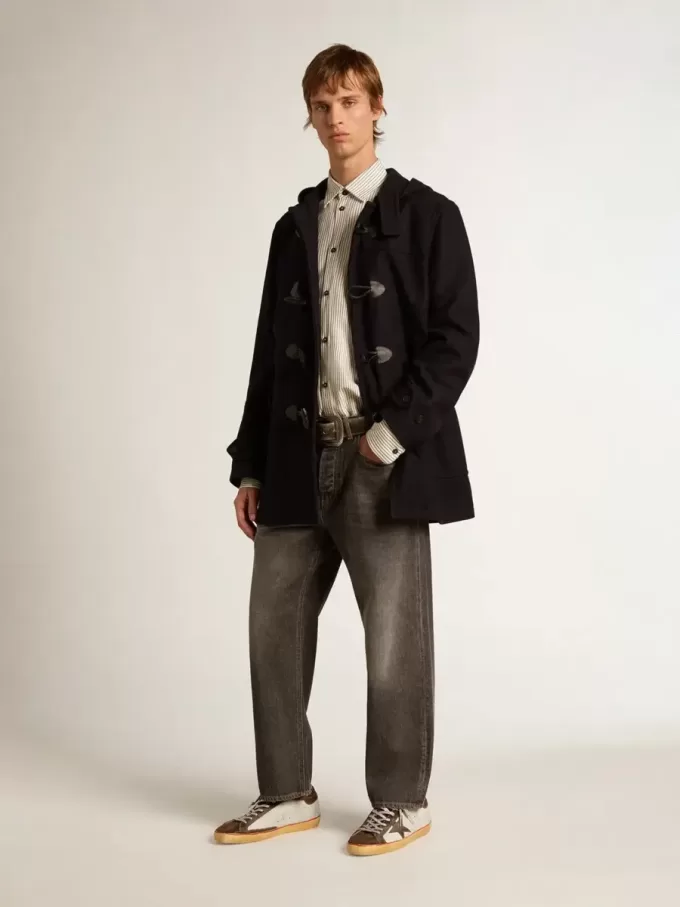 Dunkelblauer Dufflecoat aus Wolle mit Kapuze und Knebelverschluss Dunkelblauer Dufflecoat aus Wolle mit Kapuze und Knebelverschluss