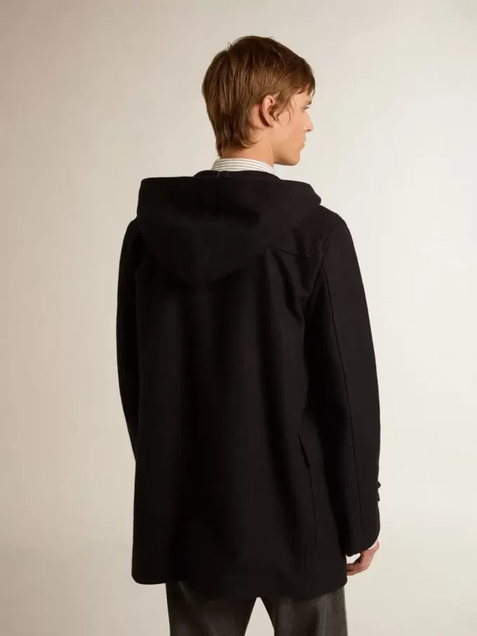 Dunkelblauer Dufflecoat aus Wolle mit Kapuze und Knebelverschluss Dunkelblauer Dufflecoat aus Wolle mit Kapuze und Knebelverschluss